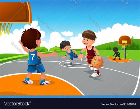 Kids Playing Basketball In A Playground Royalty Free Vector