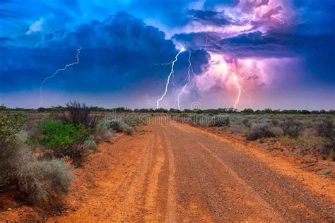 Heavy Thunderstorm Over Deserted Australian Outback Landscape Royalty