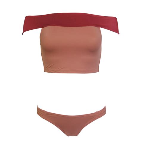 Nude And Red Off Shoulder Crop Top Bikini Zuzu Swim Brigitte
