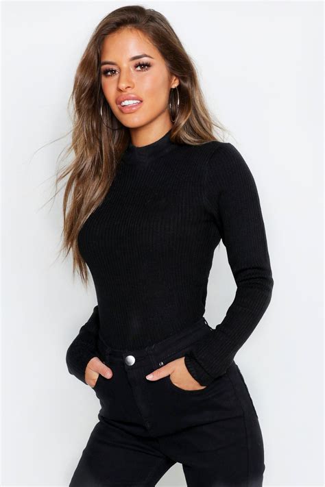 Womens Petite Ribbed Knitted High Neck Sweater Black S High Neck