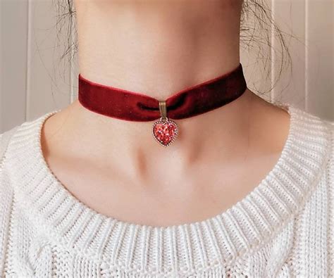 Burgundy Red Velvet Choker Heart Charm Necklace Dark Wine Etsy