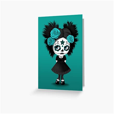 Shy Big Eyes Day Of The Dead Girl With Blue Roses Greeting Card For
