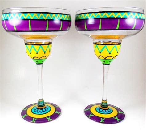 Margarita Glasses Set Of Two Hand Painted Etsy Painted Wine Glass Painting Glassware Diy