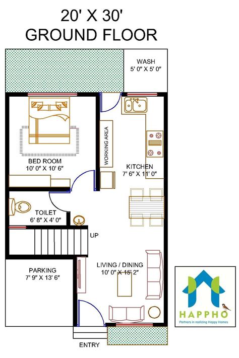 Floor Plan For 20 X 30 Feet Plot 1 Bhk 600 Square Feet67 Sq Yards