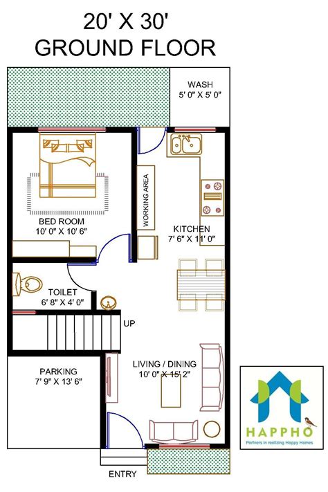 20 X 30 Vastu House Plan West Facing 1 Bhk Plan 001 Happho