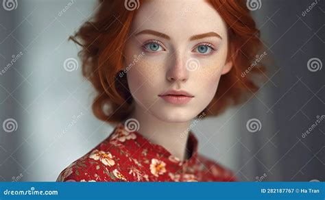 Portrait Of Beautiful Redhead Girl With Freckles On Face Stock Illustration Illustration Of