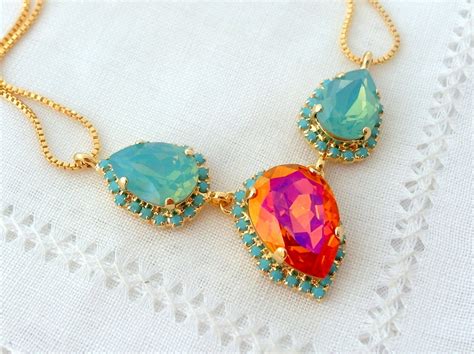 Pink Orange Pacific Opal And Turquoise Crystal Necklace Etsy
