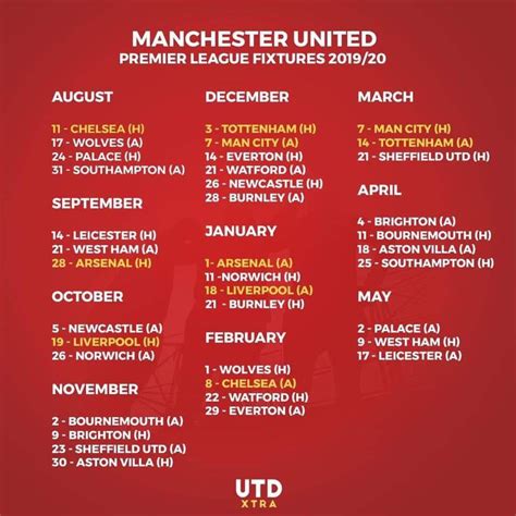 We present a list of matches as month calendar, it is a clear and simple form of presenting football games. Manchester United Fixture 19|20 : ManchesterUnited