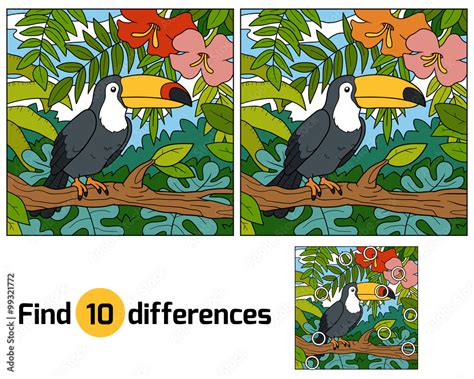 Find Differences Game For Children Toucan And Background Stock