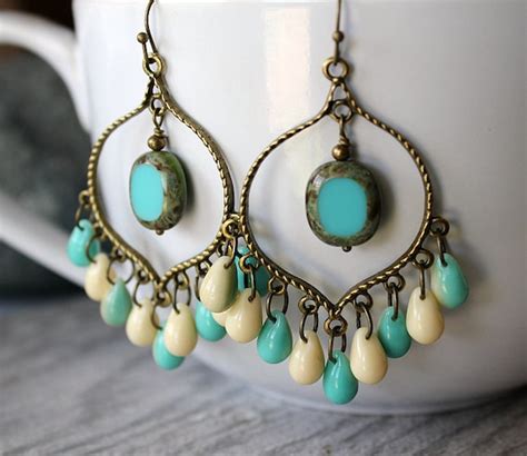 Items Similar To Turquoise Creme Glass Chandelier Earrings Green