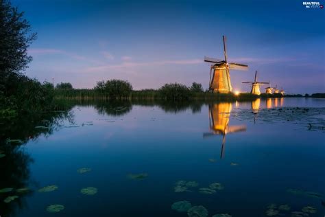 River Sunrise Kinderdijk Village Windmills Netherlands Beautiful