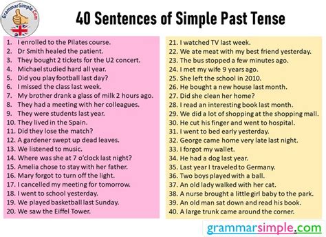 A Poster With The Words Sentences Of Simple Past Tense