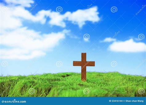 Wood Cross On Green Grass Stock Images Image 23416144