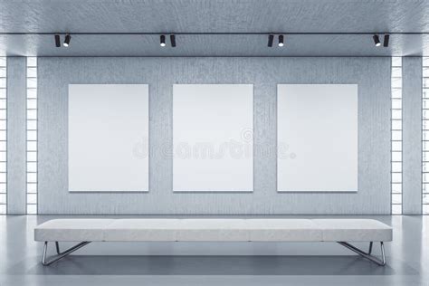 Modern Gallery Interior With Three Empty Posters On Wall Stock