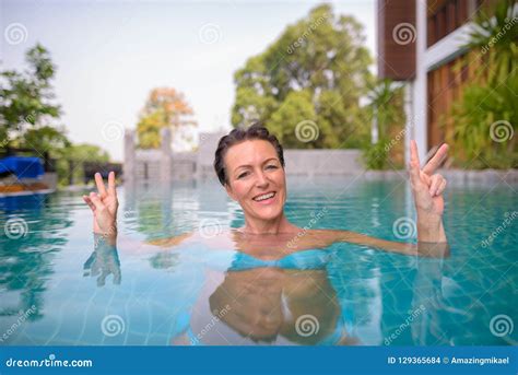 Mature Beautiful Scandinavian Tourist Woman In Swimming Pool Stock Photo Image Of Girl Pool
