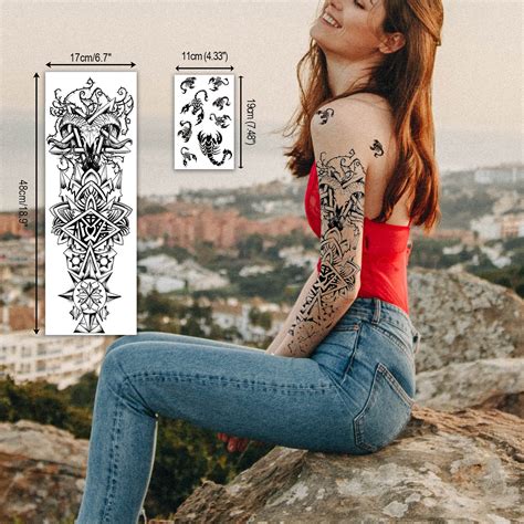 Aresvns Sleeve Tattoos Temporary For Men Women L19“xw7” Large Black Realistic Fake Tattoos For
