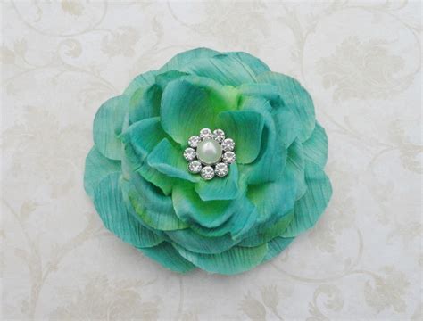 Blue Green Flower Clip Or Brooch Pin With A Pearl Rhinestone Center