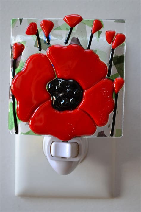 Red Poppies Fused Glass Night Light Etsy Fused Glass Night Lights Fused Glass Night Light