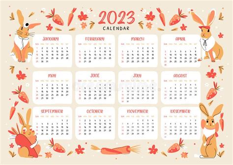Calendar 2023 Year With Cute Rabbit Week Starts Sunday Vector Flat