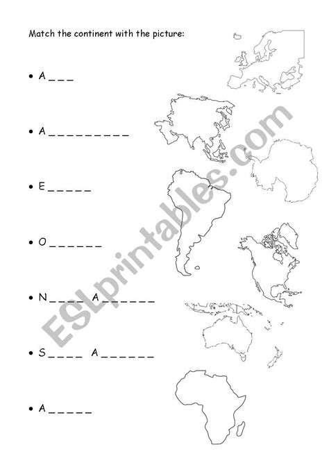 Continents Word Fill And Match Esl Worksheet By 66crush