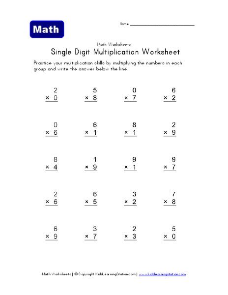 Single Digit Multiplication Worksheet Worksheet For 3rd 5th Grade