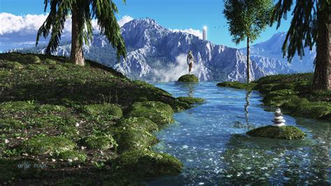 Rivers Mountains Fantastic World Grass 3d Graphics Nature Fantasy