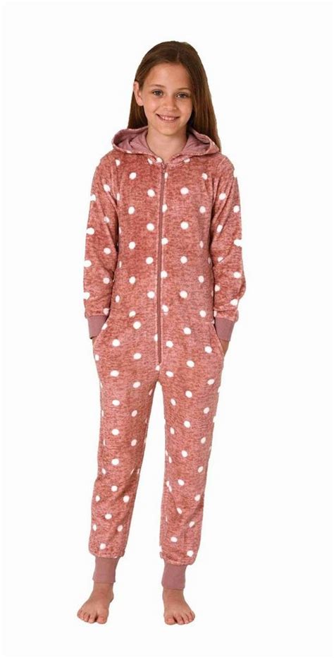 Normann Pyjama Kuschelig Warmer Mädchen Jumpsuit Schlafanzug Overall Aus Coralfleece In Tupfen Optik