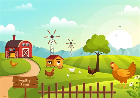 Poultry Farming With Farmer Cage Chicken And Egg Farm On Green Field