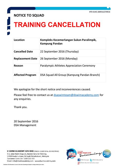 Training Cancellation Dsa Swim Team D Swim Academy