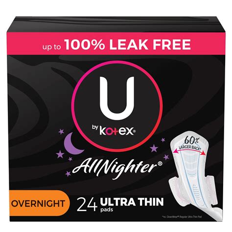 U By Kotex Allnighter Overnight Pads With Wings Ultra Thin 24 Count