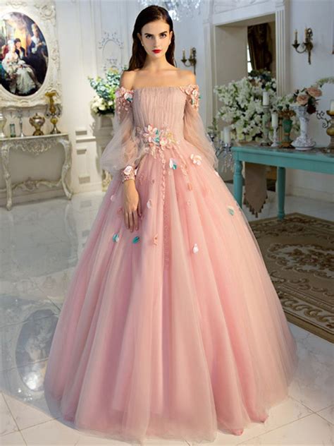 Princess Off The Shoulder Long Sleeve Applique Lace Up Ball Gown Dress Fairy Prom Dress Prom