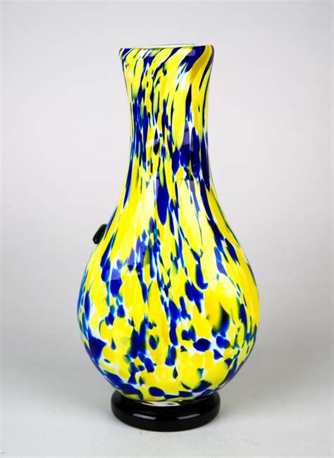 Vintage Murano Style Cased Art Glass Vase Blue And Yellow W Etsy