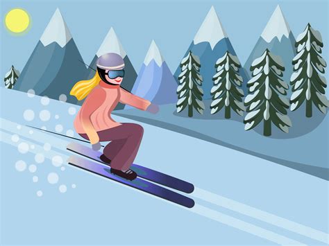 Woman Skiing Winter Landscape In The Mountains Vector Illustration In