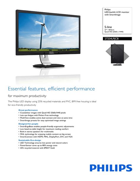 272s4lpjcb00 Philips Led Backlit Lcd Monitor With Smartimage