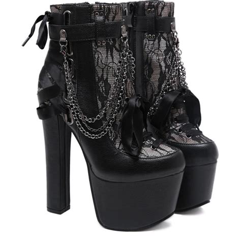 Black Lace Gothic Lolita Chunky Platforms Super High Heels