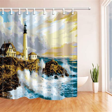 ARTJIA Painting Lover Huge Waves Rocks Lighthouse Polyester Fabric Bathroom Shower Curtain X