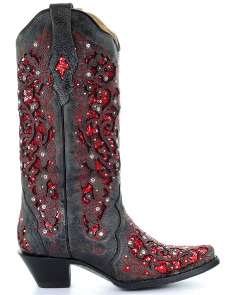 Corral Womens Crystal And Red Sequin Inlay Cowgirl Boots Snip Toe