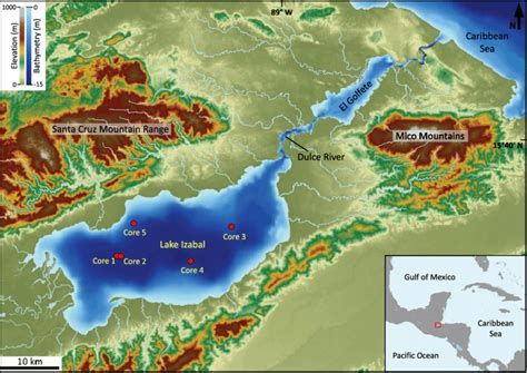 Bathymetric Map Of Lake Izabal Guatemala And Topography Of The Area