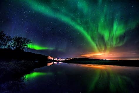 Download Lake Light Starry Sky Sky Reflection Nature Aurora Borealis Hd