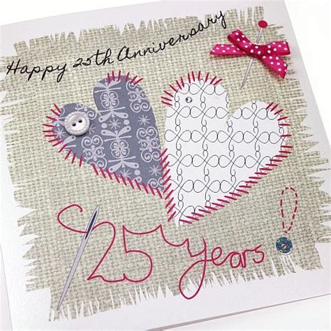 Handmade Silver Anniversary Card Stitched Hearts Button Bow Needle