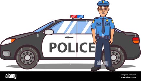 Police Officer Cartoon Character Police Car Side View Stock Vector