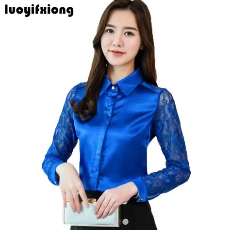 women silk satin blouse button lace long sleeve lapel ladies office work elegant female satin