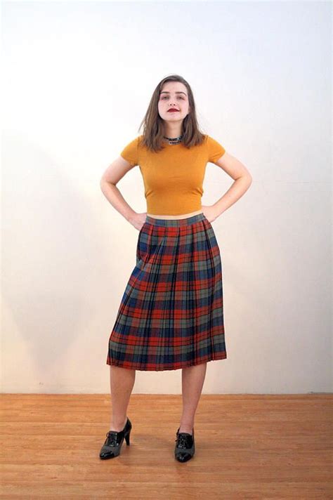 50s Wool Plaid Skirt M Pleated Red Blue Vintage Schoolgirl Etsy