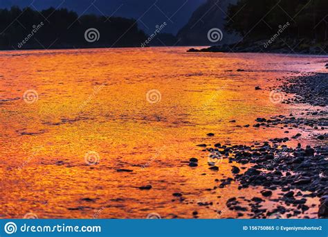 Sunset Over The River Katun River Gorny Altai Siberia Russia Stock