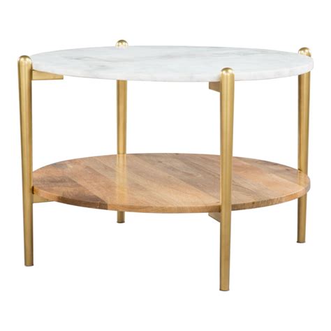 Zuo Mina 30 In Whitegold Medium Round Marble Coffee Table With Shelf