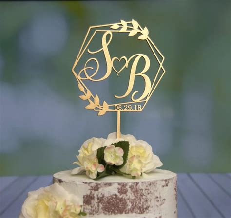 personalized monogram cake topper bride and groom initials topper with date hexagon shape