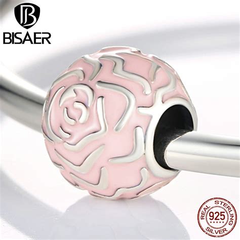 Bisaer Luxury Sterling Silver Rose Garden Charm Fit Bracelet Pink Enamel Flower Beads