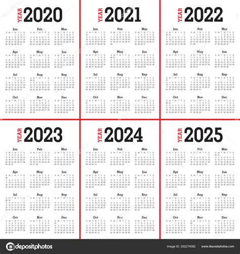 Année 2020 2021 2022 2023 2024 2025 Calendrier Design Image Libre De