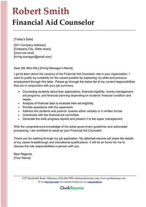 Financial Aid Counselor Cover Letter Examples Qwikresume