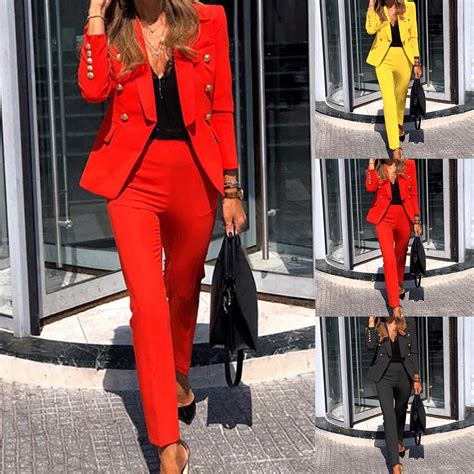 buy autumn fashion women solid color button long sleeve trousers two piece casual suit at